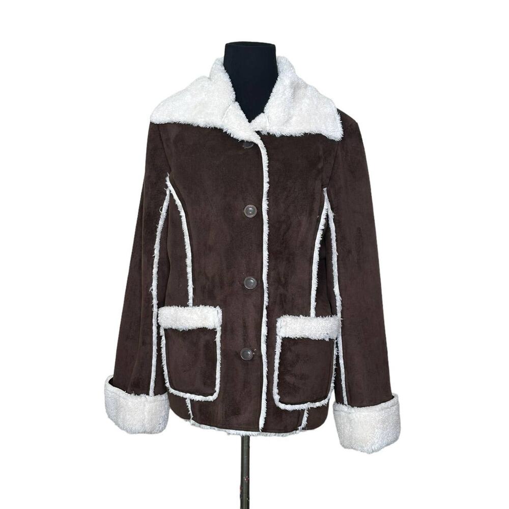 MiFresia Brown Suede White Sheerling Trim Button Jacket size M